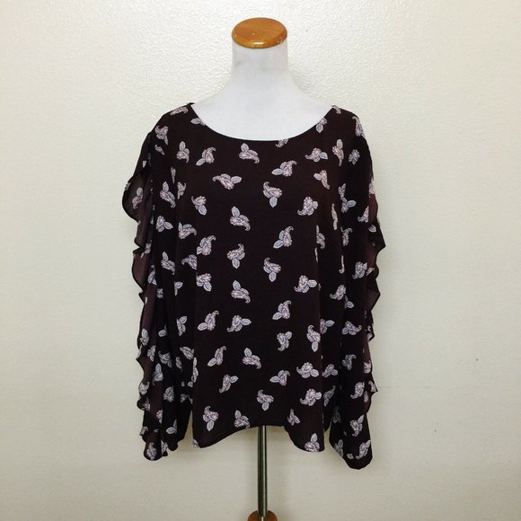 1.State Women's Paisley Petals Ruffle Slit Sleeve Top Crepe Blouse XXL Bateau - Picture 2 of 8